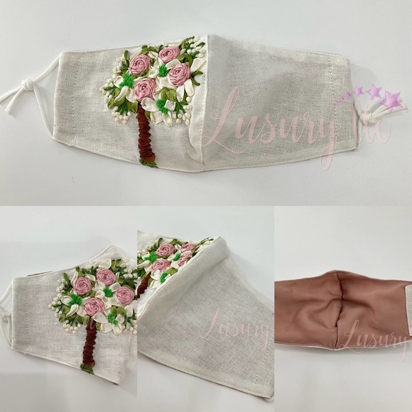 Pink Tiny Rose Embroidery Passport Wallet & Silk Mask, Wedding Gift, Versatile - Picture 10 of 15